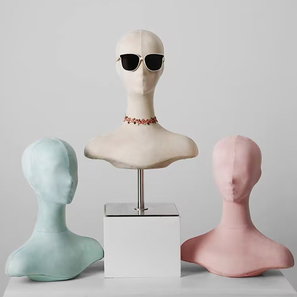 Jelimate Female Mannequin Head With Shoulders,Colorful Suede Velvet Mannequin Head With Base,Jewelry Display Head Mannequin Wig Display Stand,Scarf Bag Veil Sunglasses Hat Display Head Model Props