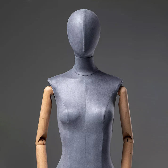 JELIMATE Luxury Grey Suede Female Full Body Mannequin | Adjustable Wooden Arms