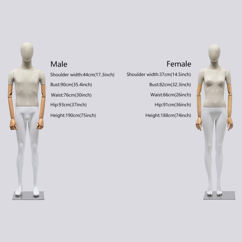 Jelimate High Quality Female Male Full Body Mannequin Dress Form,Upper Body Wrapped Bamboo Linen Fabric Bottom Leg Painting Matte White Dress Form With Wooden Arms