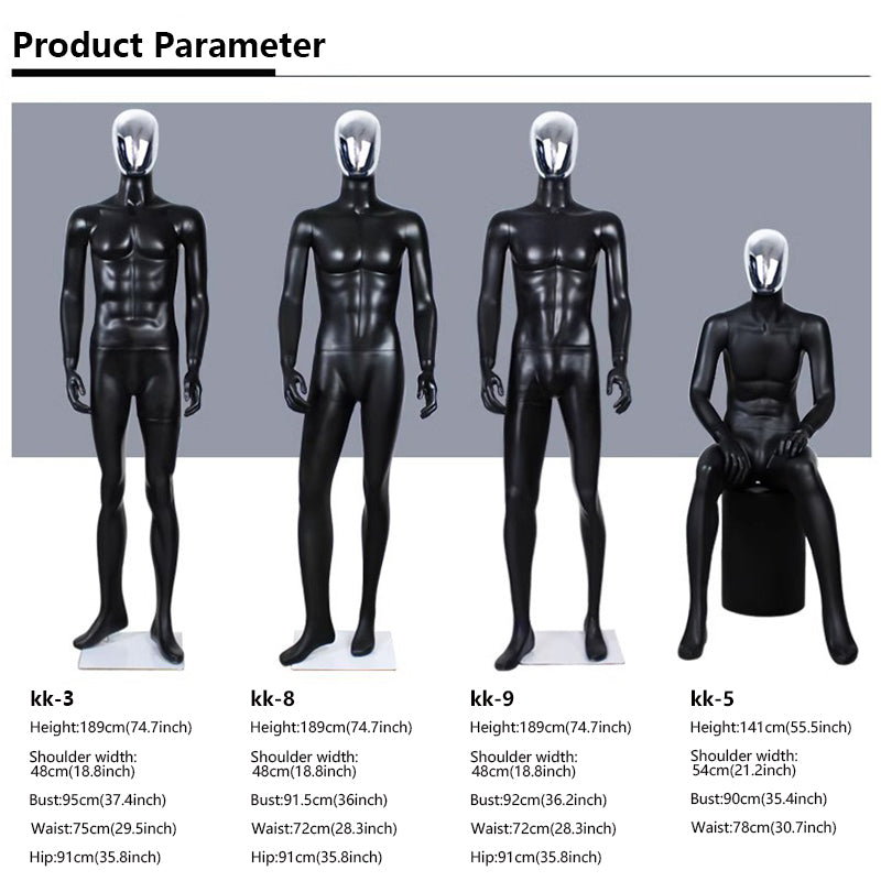 JELIMATE Premium Full-Body Male Mannequin - Silver Electroplated Head & Hands | Black Fiberglass Display