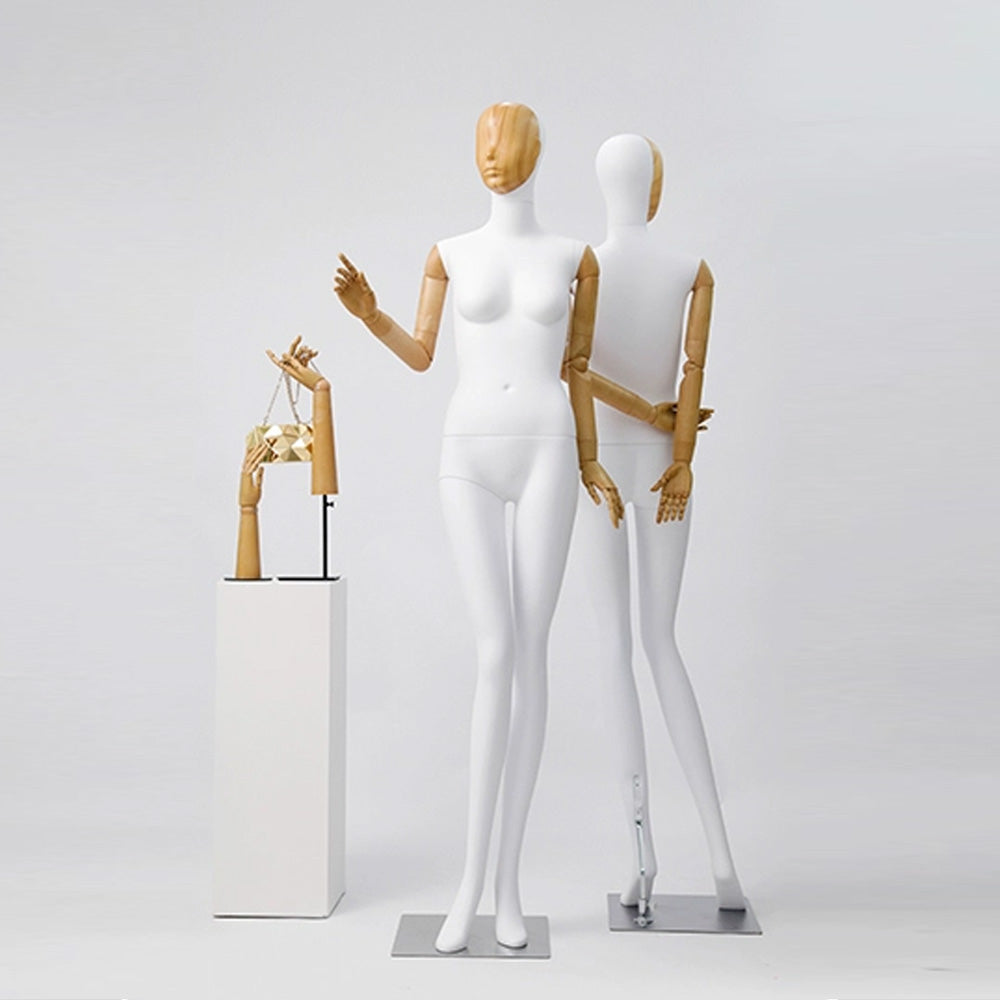 Maniquí de cuerpo completo para mujer de alta gama Jelimate, modelo de exhibición de ropa para tienda de ropa con cabeza de veta de madera, maniquí de mujer adulta con brazos de madera de plástico