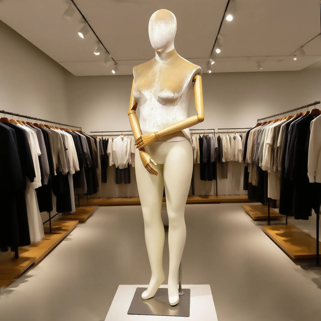 Elegant Plus Size Female Mannequin with Wooden Arms & Velvet Torso
