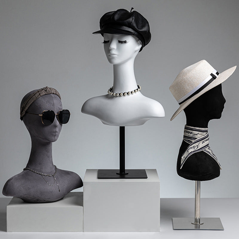 Velvet Mannequin Head with Shoulders & Gold Base for Wigs, Hats & Jewelry