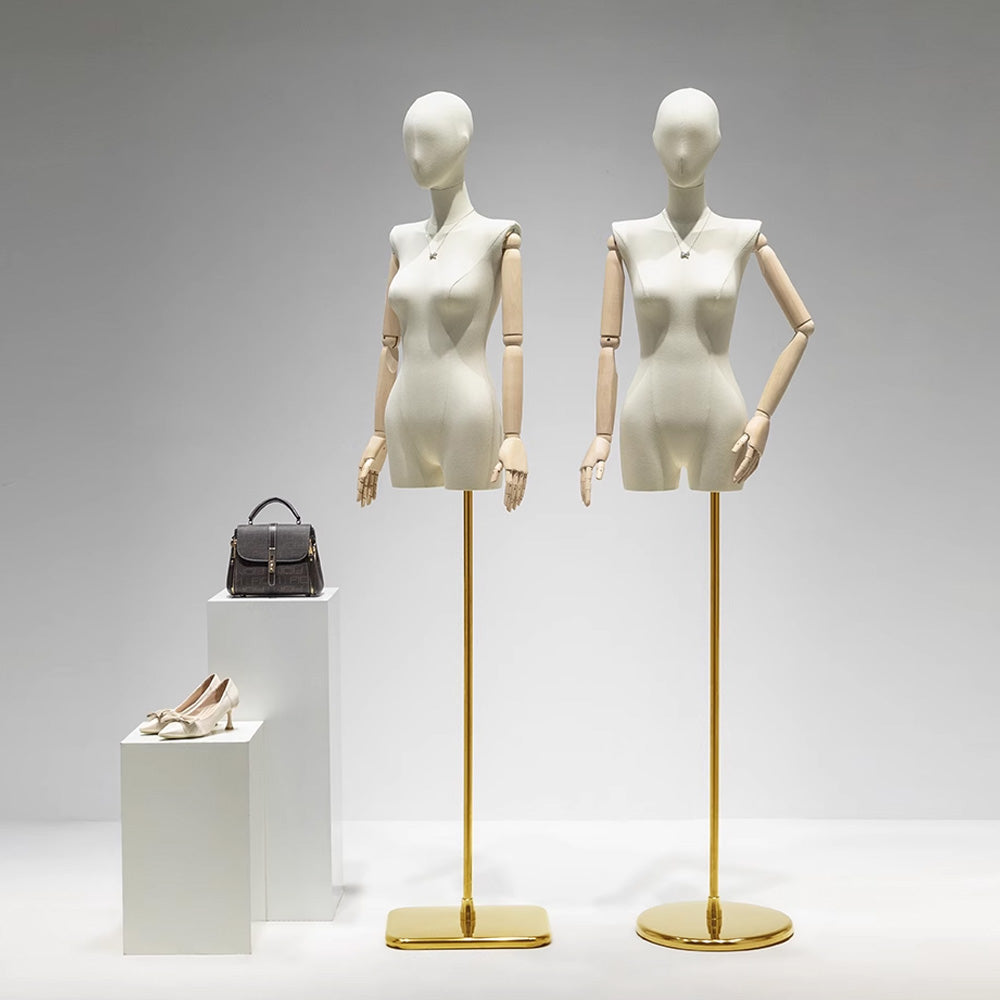 Jelimate Female Full Body Mannequin in Standing & Sitting Pose,Linen Fabric Beige Dress Form Mannequin,Female Body Mannequin With Wooden Arms,Window Display Female Full Body Model,Clothing Shop Clothing Display Mannequin Torso