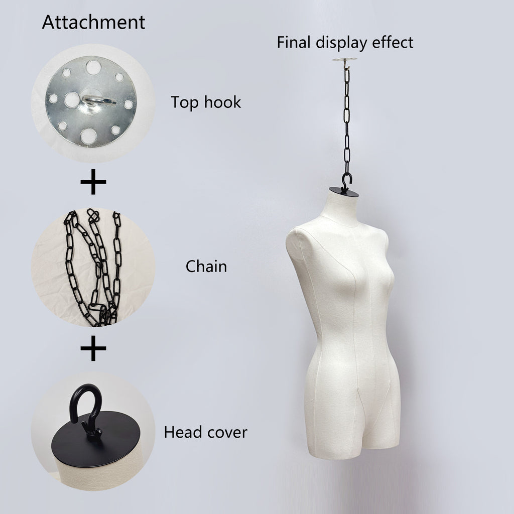 Jelimate Beige Female Hanging Wedding Dress Mannequin,Linen Fabirc Wedding Dress Form,Manikin Model for Bridal Gown Display,Half Body Hanging Manneuin With Hook And Chain for Wedding Dress Shop