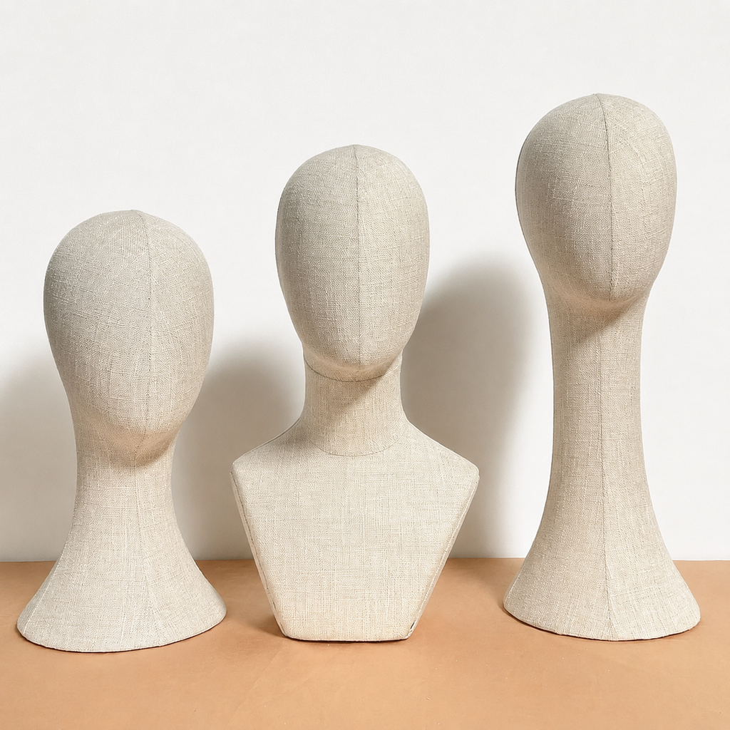 Full Pinnable Bamboo Linen Mannequin Head | Vintage Display Head Form