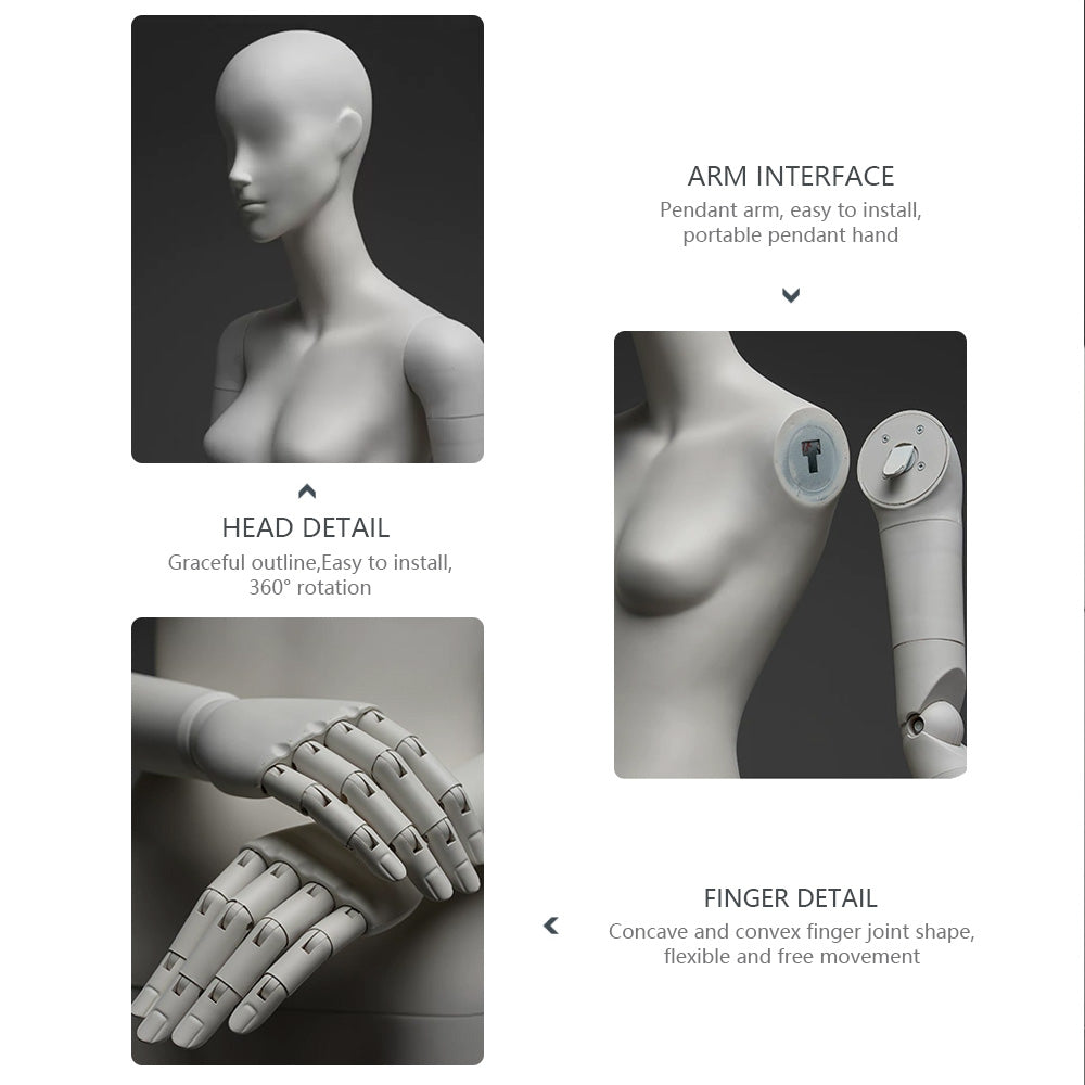 Avant-Garde Full Body Female Mannequin – Matte White Fiberglass with Matching Articulated Wooden Hands