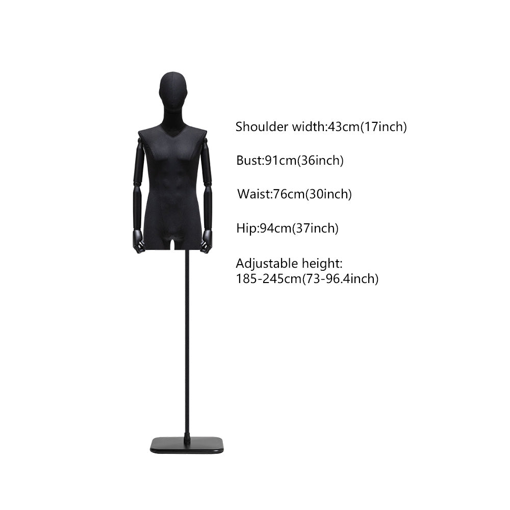 Maniquí masculino de medio cuerpo Jelimate de color negro con forma de torso, cabeza de maniquí envuelta en tela de lino, brazos de madera, modelo de exhibición de ropa con forma de torso para hombre