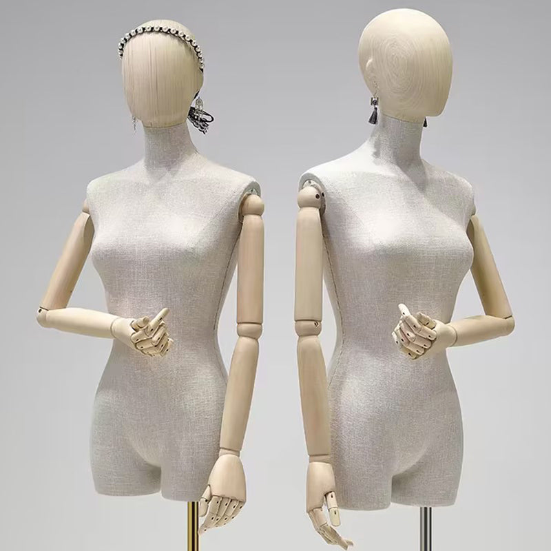 Torso de maniquí femenino de alta gama Jelimate con brazos de madera, maniquí de lino gris para exhibición de ropa, cabeza de maniquí de madera con orificio para aretes
