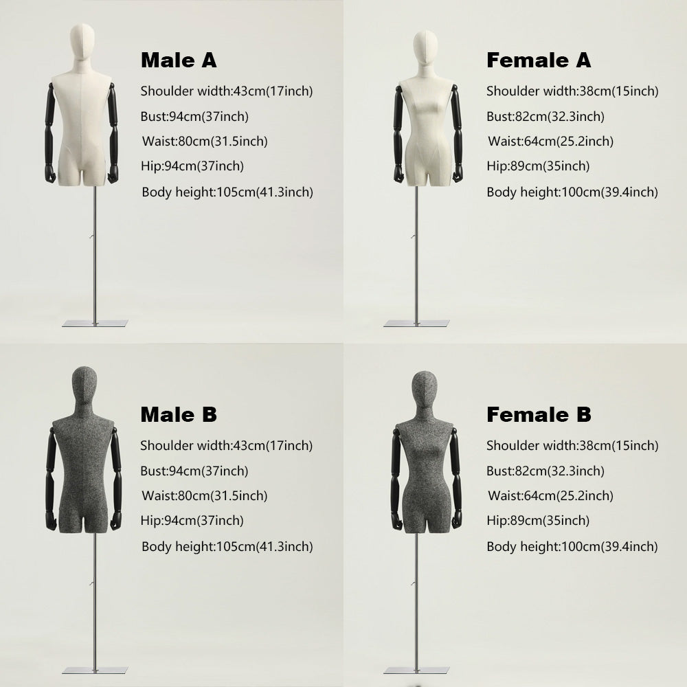 JELIMATE Half Body Male Female Dress Form Torso,Natural Linen Fabric Covered Mannequin,Women Men Clothing Display Mannequin Torso With Wooden Arms