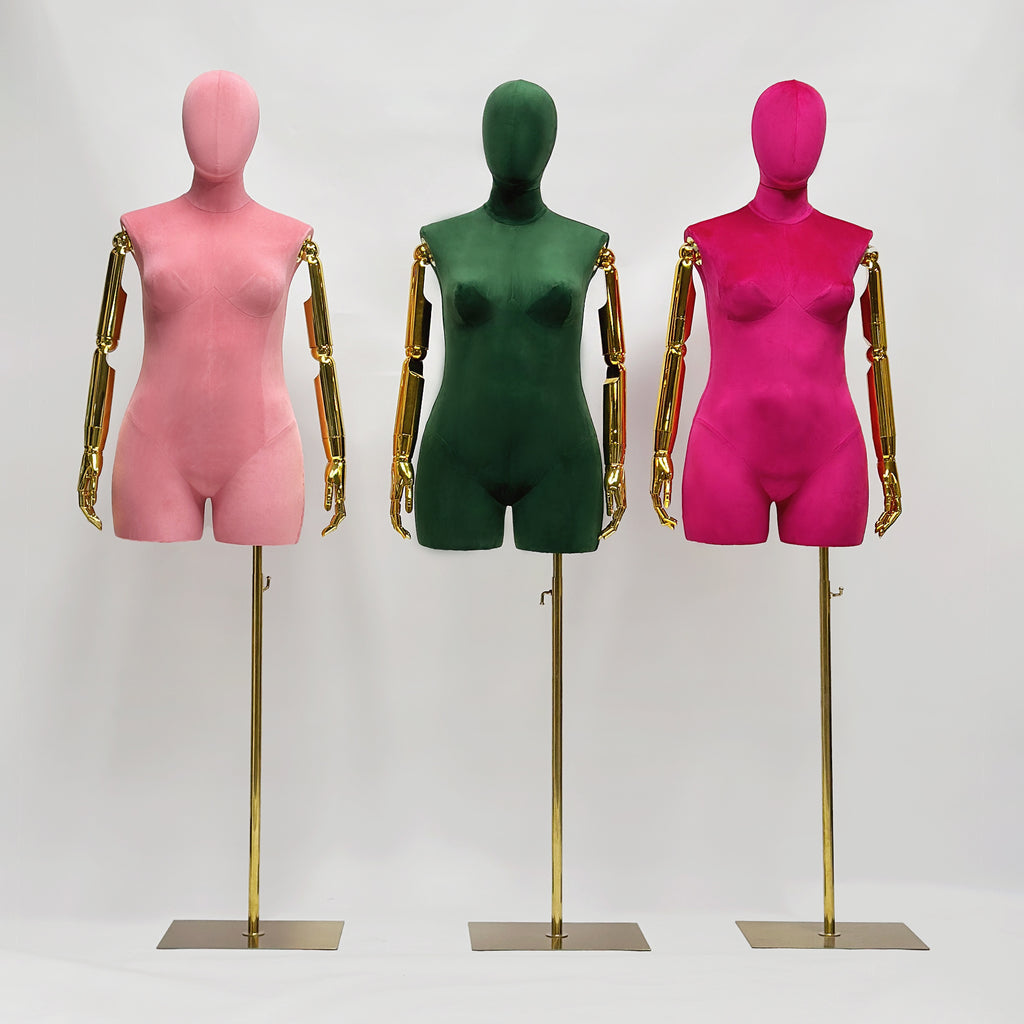 Jelimate Luxury Female Plus Size Mannequin With Gold Arms,Colorful Suede Dress Form Mannequin Torso Display Dress Form,Plus Size Dress Form Clothing Display Model