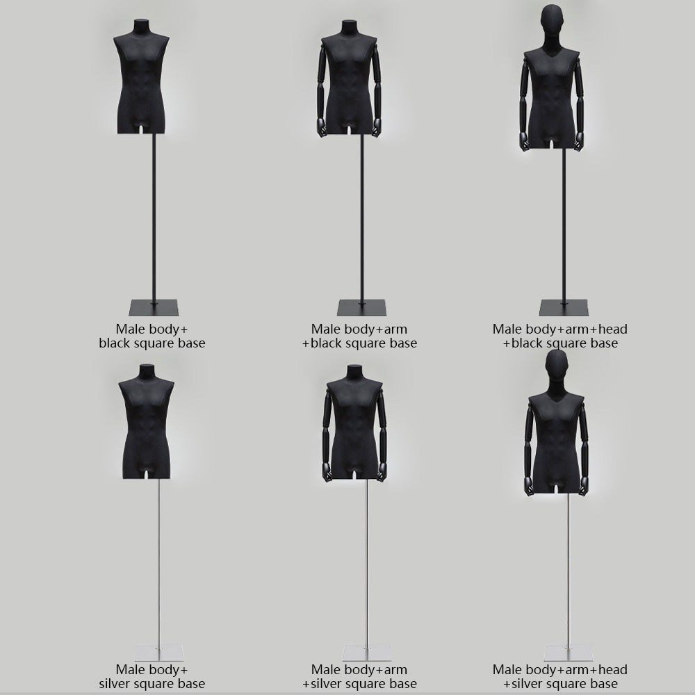 Maniquí masculino de medio cuerpo Jelimate de color negro con forma de torso, cabeza de maniquí envuelta en tela de lino, brazos de madera, modelo de exhibición de ropa con forma de torso para hombre