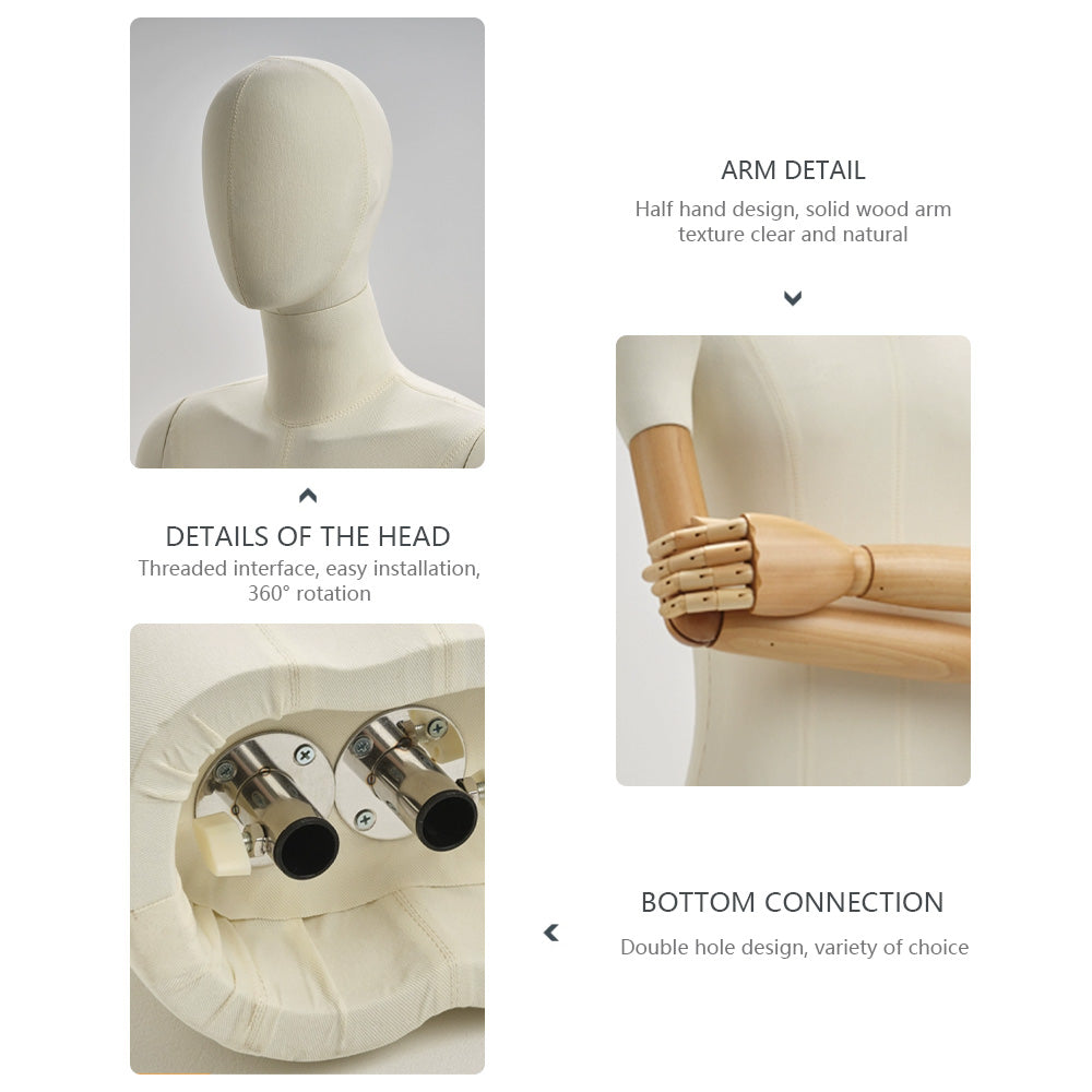 JELIMATE Male & Female Half Body Mannequin Torso with Movable Wooden Arms