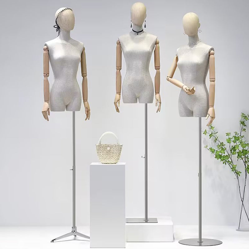 Torso de maniquí femenino de alta gama Jelimate con brazos de madera, maniquí de lino gris para exhibición de ropa, cabeza de maniquí de madera con orificio para aretes