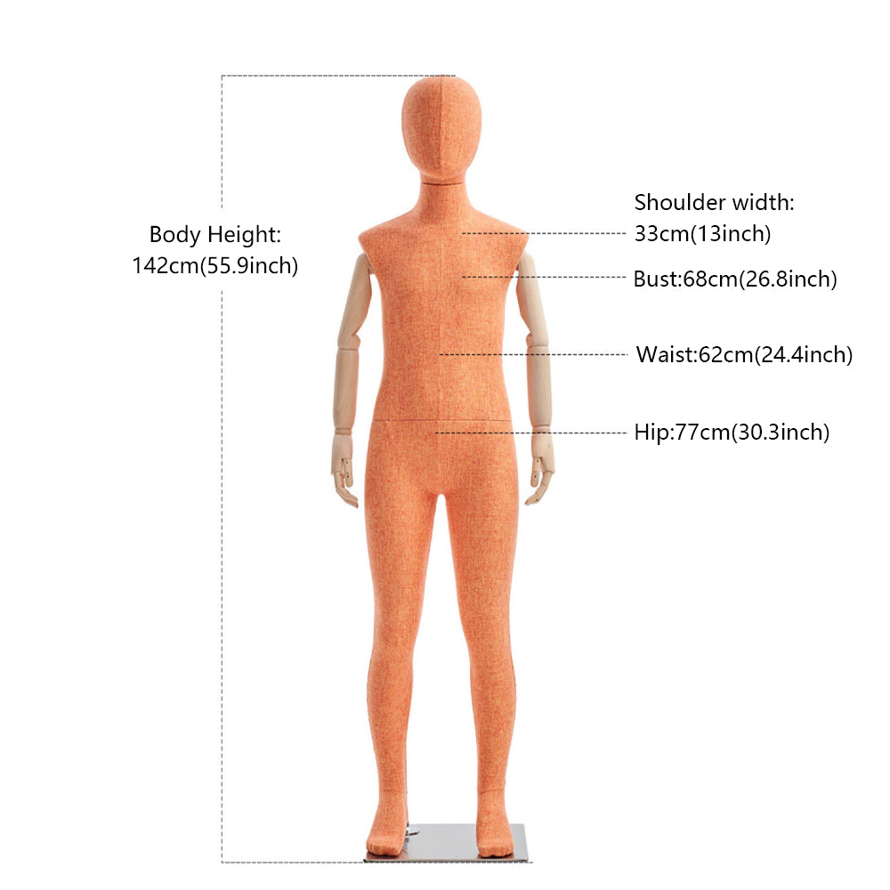 JELIMATE Kid Full Body Mannequin with Dajustable Wooden Arms | Linen-Wrapped Fiberglass Child Dress Form | 6 Poses & Colors