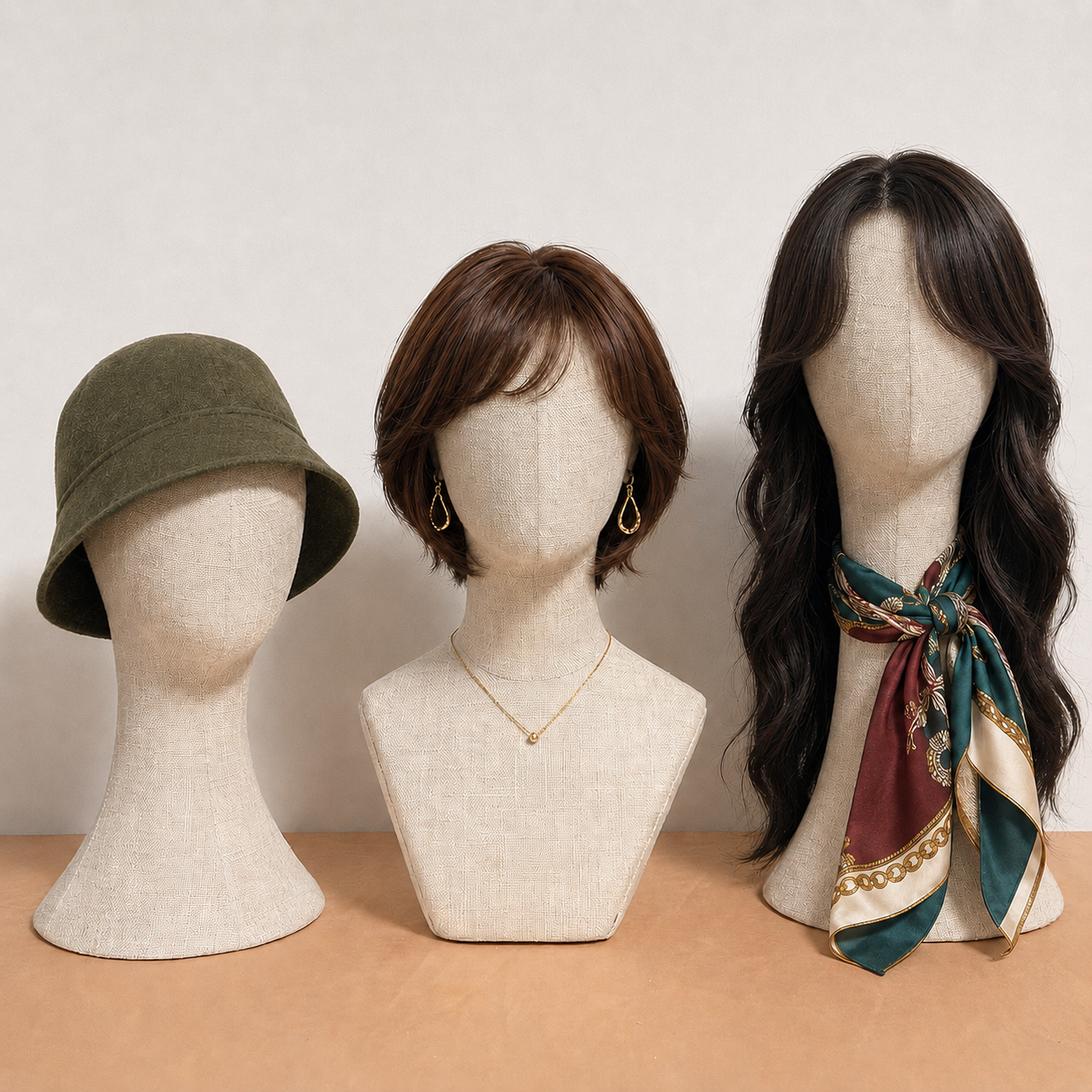 Full Pinnable Bamboo Linen Mannequin Head | Vintage Display Head Form