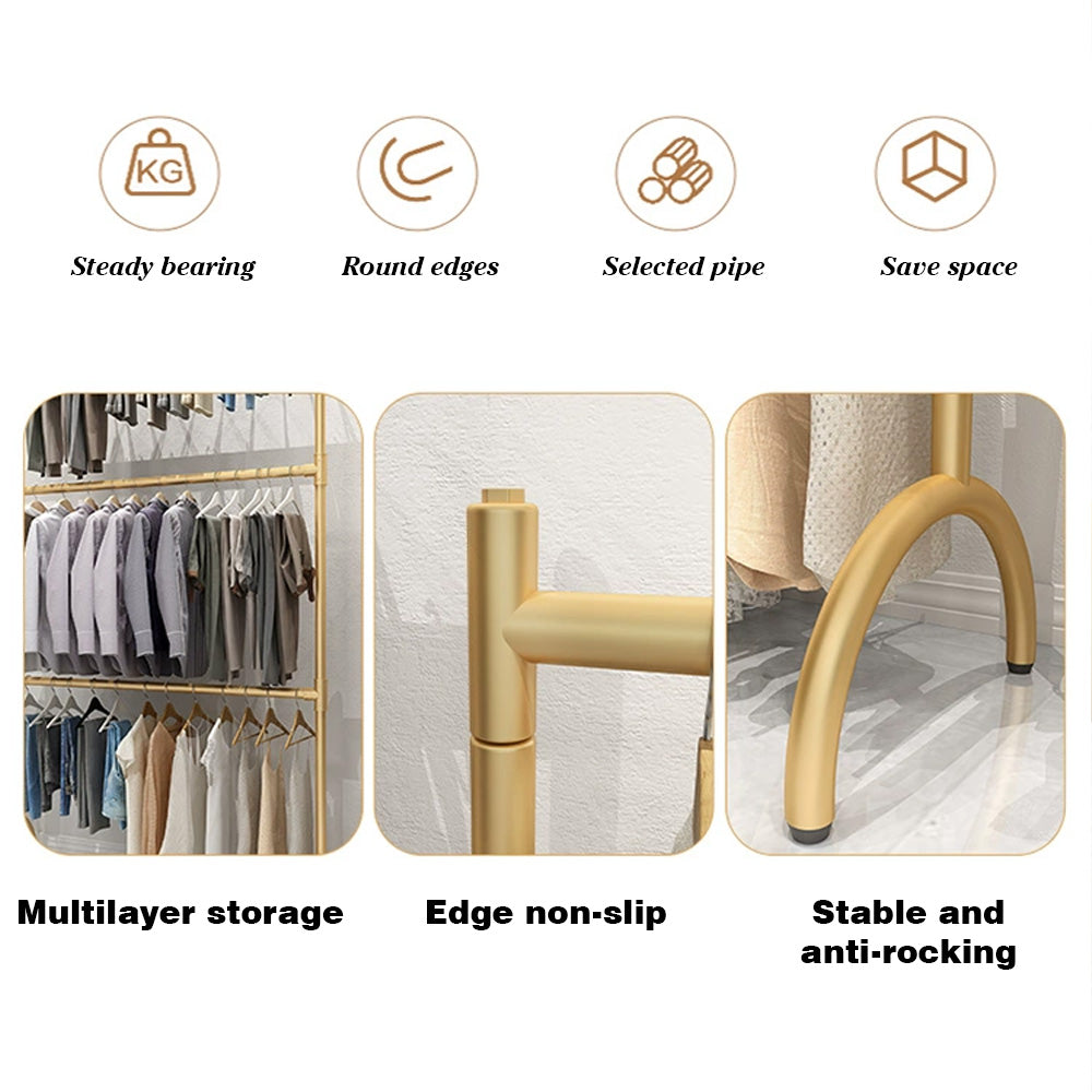 Jelimate Standard Double Layers Poles Clothing Hanger Hanging Clothes Rack With Shelf,Boutique Store Children Kids Adult Clothing Display Rack,Stainless Steel Gold Clothing Rack Wall Metal Coat Rack