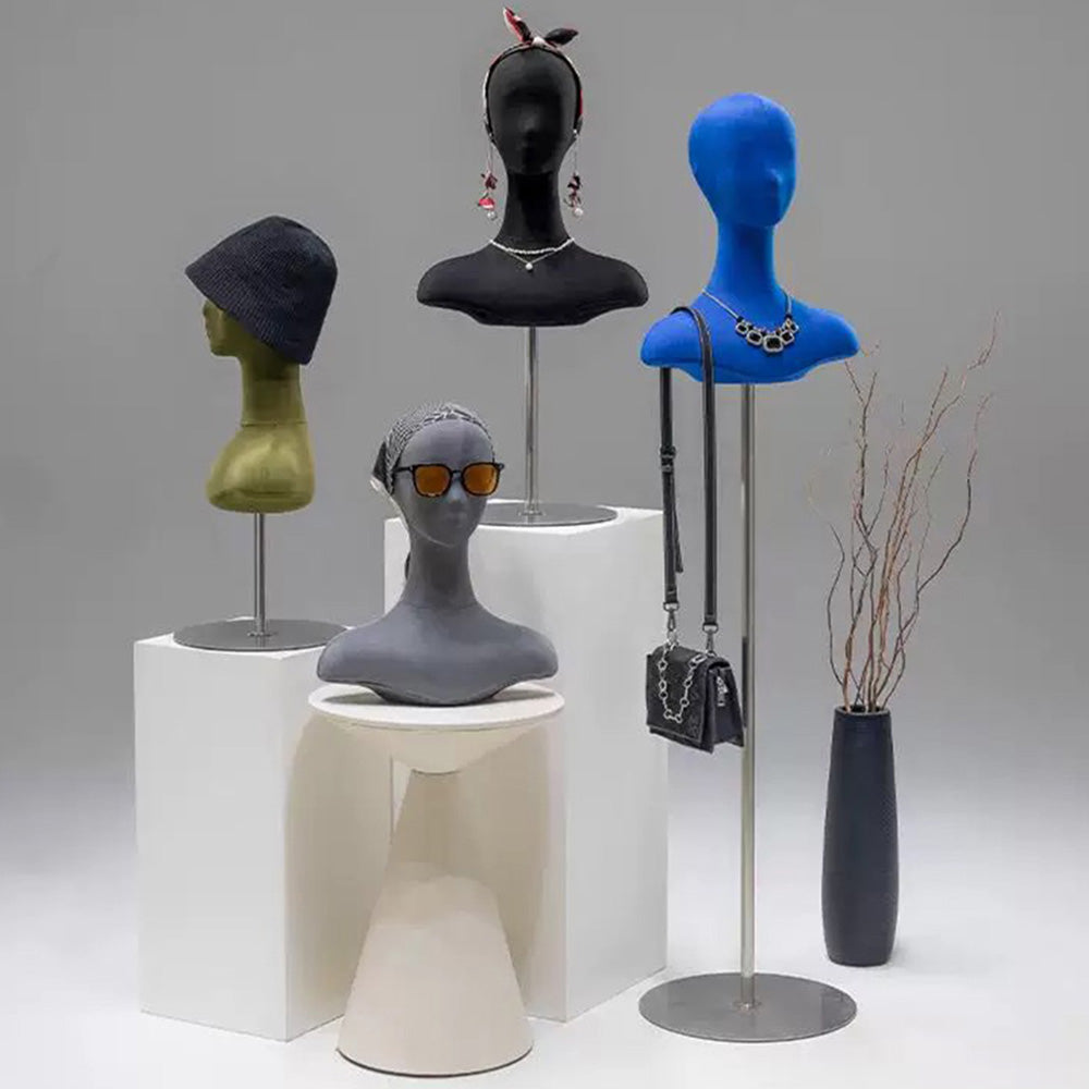 Jelimate Female Mannequin Head With Shoulders,Colorful Suede Velvet Mannequin Head With Base,Jewelry Display Head Mannequin Wig Display Stand,Scarf Bag Veil Sunglasses Hat Display Head Model Props
