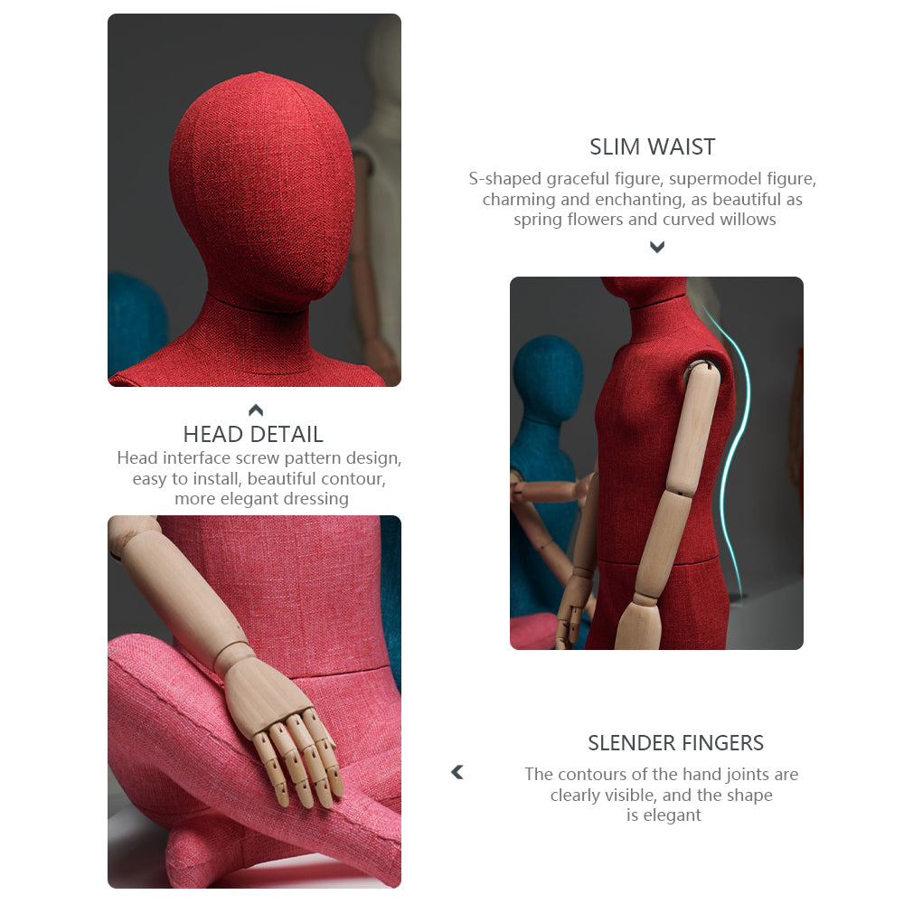 JELIMATE Kid Full Body Mannequin with Dajustable Wooden Arms | Linen-Wrapped Fiberglass Child Dress Form | 6 Poses & Colors