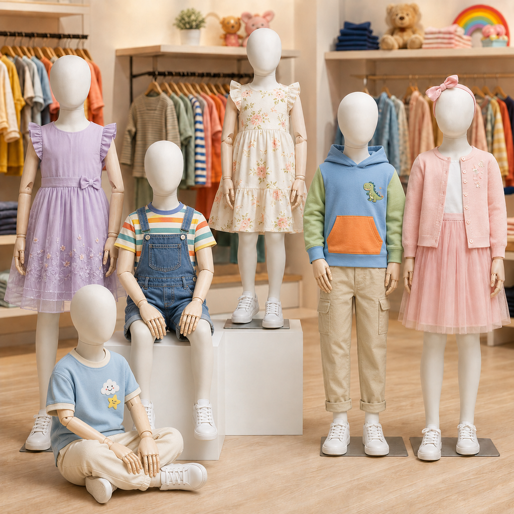 Maniquí de cuerpo entero para niños de lujo Jelimate con brazos de madera, modelo de maniquí de cuerpo entero para niños con pintura en blanco y beige, maniquí de bebé para tienda de ropa