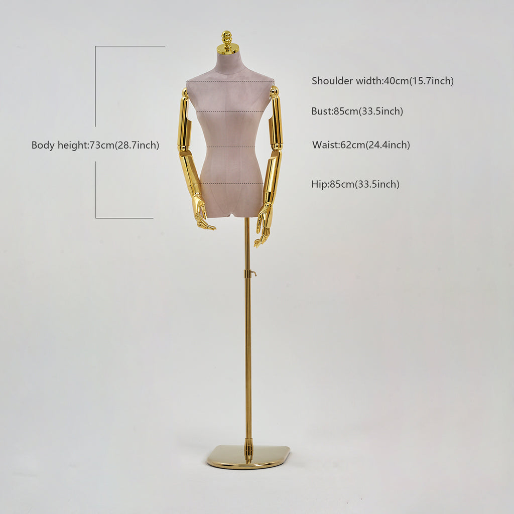 JELIMATE Luxury Female Velvet Mannequin Torso with Head & Gold Arms
