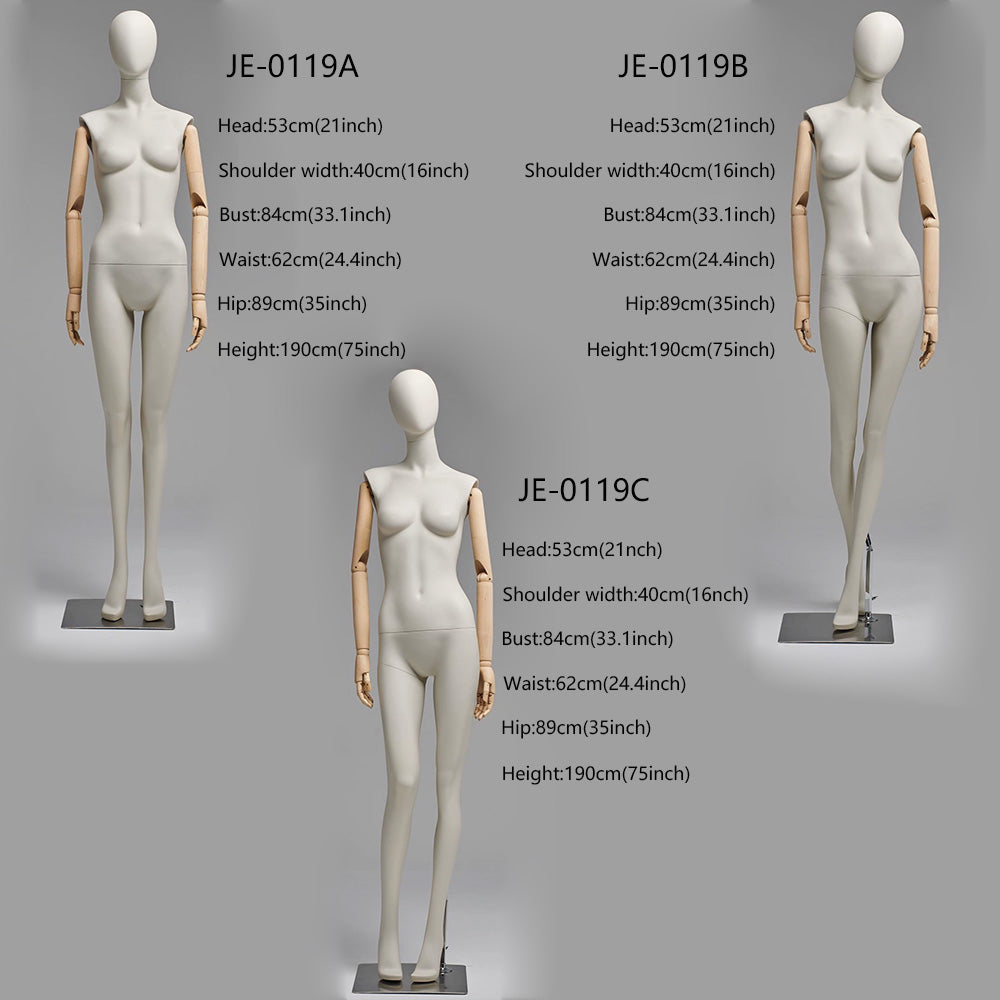JELIMATE Premium Female Display Mannequin - Matte Beige Fiberglass Body with Articulated Real Wood Arms & Stable Calf-Support Base