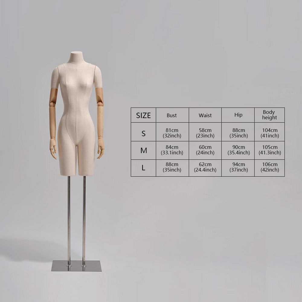 Jelimate Half Body Female Mannequin Torso With Base,Grey Linen Dress Form Manikin Body With Wooden Arms,Window Display Dress Form for Gowns,Clothing Display Model Wedding Evening Dress Mannequin