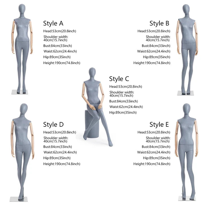 JELIMATE Luxury Grey Suede Female Full Body Mannequin | Adjustable Wooden Arms
