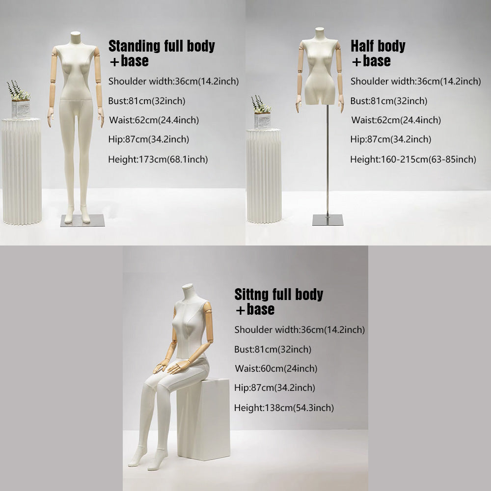 Jelimate Female Full Body Mannequin in Standing & Sitting Pose,Linen Fabric Beige Dress Form Mannequin,Female Body Mannequin With Wooden Arms,Window Display Female Full Body Model,Clothing Shop Clothing Display Mannequin Torso