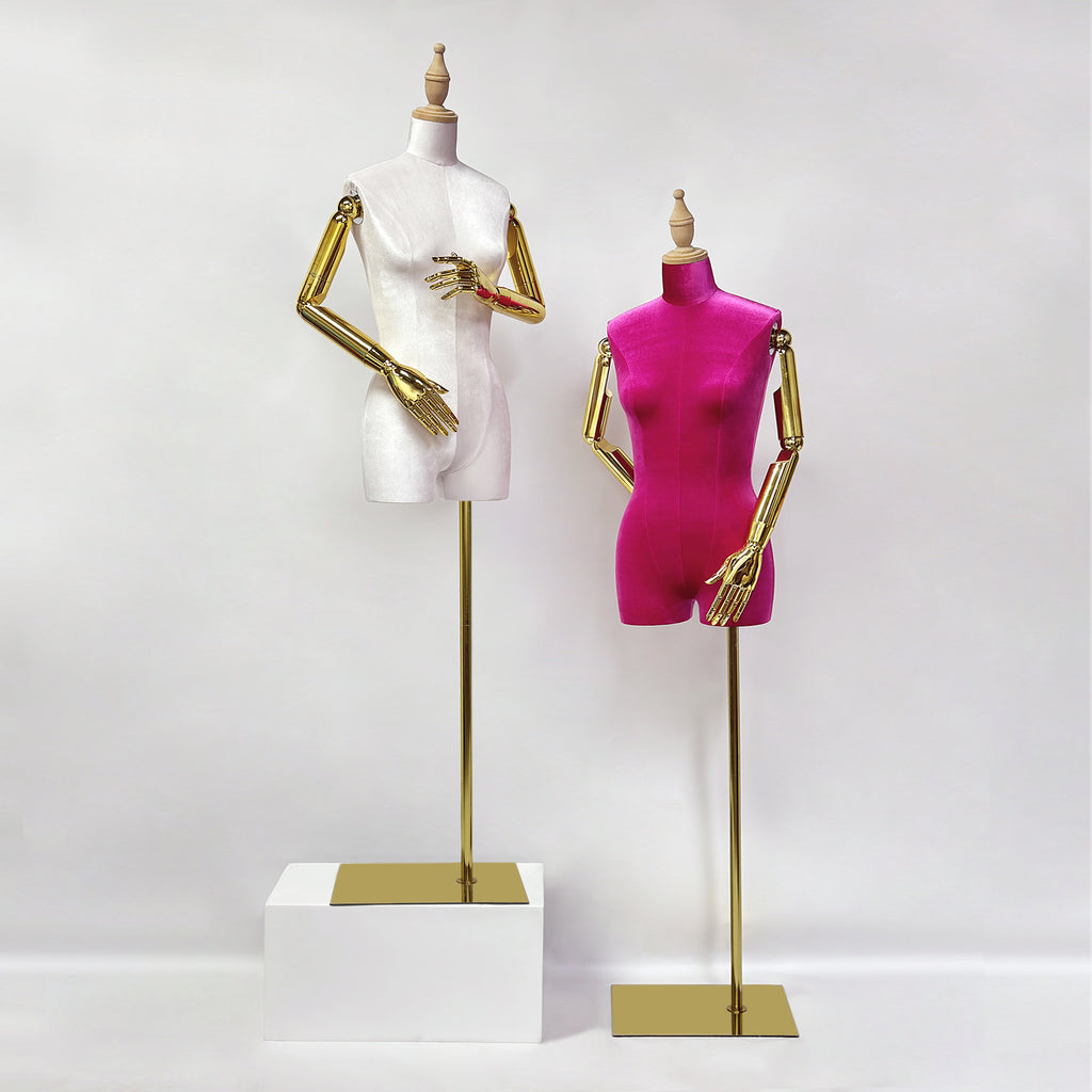 Jelimate High Quality Female Plus Size Mannequin With Gold Arms,Window Display Beige Pink Velvet Dress Form Torso,Women Clothing Store Clothing Display Model