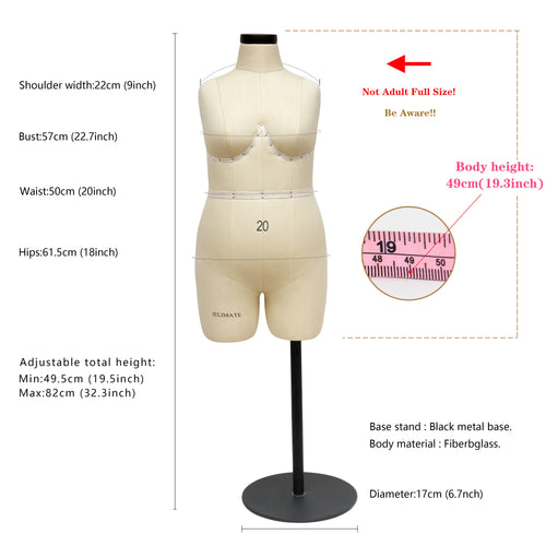 Half Scale Dress Form (1:2) - Plus Size Dress Mannequin (Size 20)