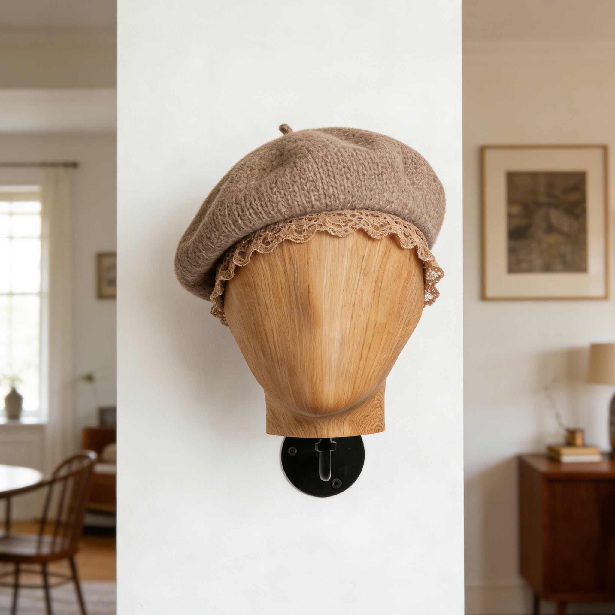 Wall Mounted Mannequin Head Display Stand - Wood Grain Hat Rack Holder with Adjustable Bracket