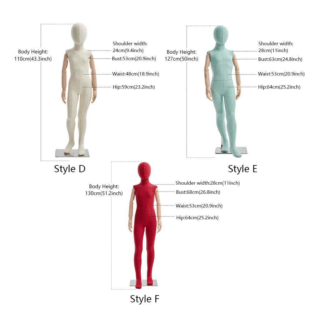 JELIMATE Kid Full Body Mannequin with Dajustable Wooden Arms | Linen-Wrapped Fiberglass Child Dress Form | 6 Poses & Colors