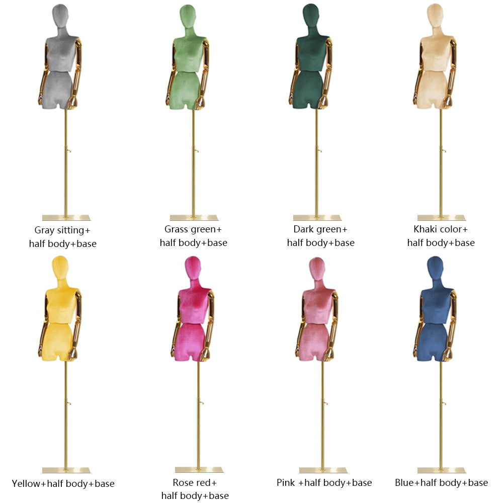 Multiple color options for velvet mannequin: Gray, Pink, Dark Green, and Rose Red