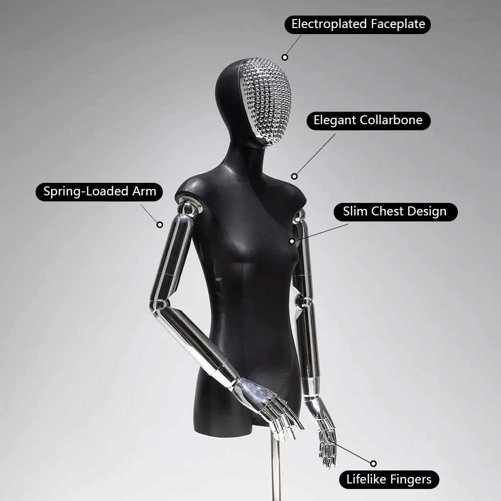 JELIMATE PU Leather Female Torso Mannequin with Poseable Arms for Boutique Window Display