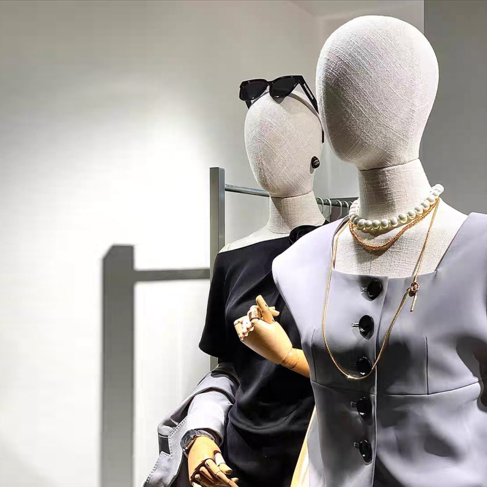 Jelimate Half Body Female Mannequin Torso With Base,Grey Linen Dress Form Manikin Body With Wooden Arms,Window Display Dress Form for Gowns,Clothing Display Model Wedding Evening Dress Mannequin