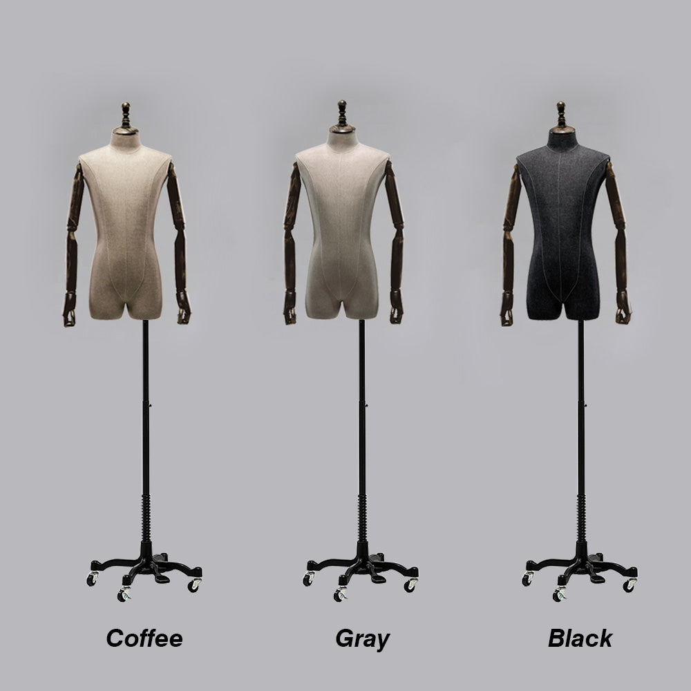 Jelimate Half Body Male Mannequin Torso with Wooden Arms & Head | Coffee Gray Black