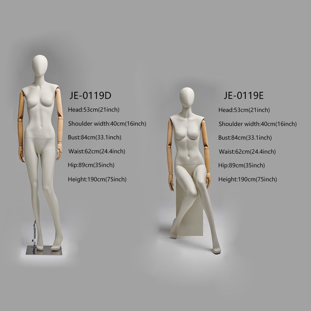 JELIMATE Premium Female Display Mannequin - Matte Beige Fiberglass Body with Articulated Real Wood Arms & Stable Calf-Support Base