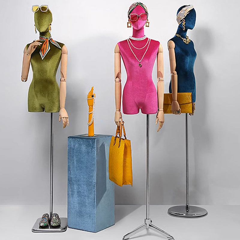 JELIMATE Velvet Female Mannequin Torso with Wooden Arms - Half Body Display Stand