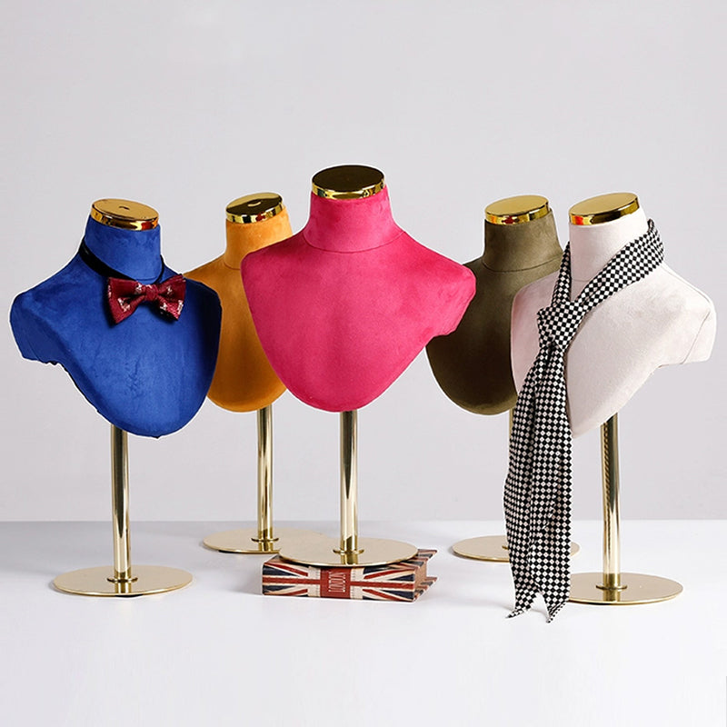 Jelimate Velvet Mannequin Bust for Jewelry Display | Necklace Stand with Gold Round Base | 5 Colors