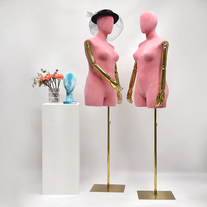 Jelimate Luxury Female Plus Size Mannequin With Gold Arms,Colorful Suede Dress Form Mannequin Torso Display Dress Form,Plus Size Dress Form Clothing Display Model