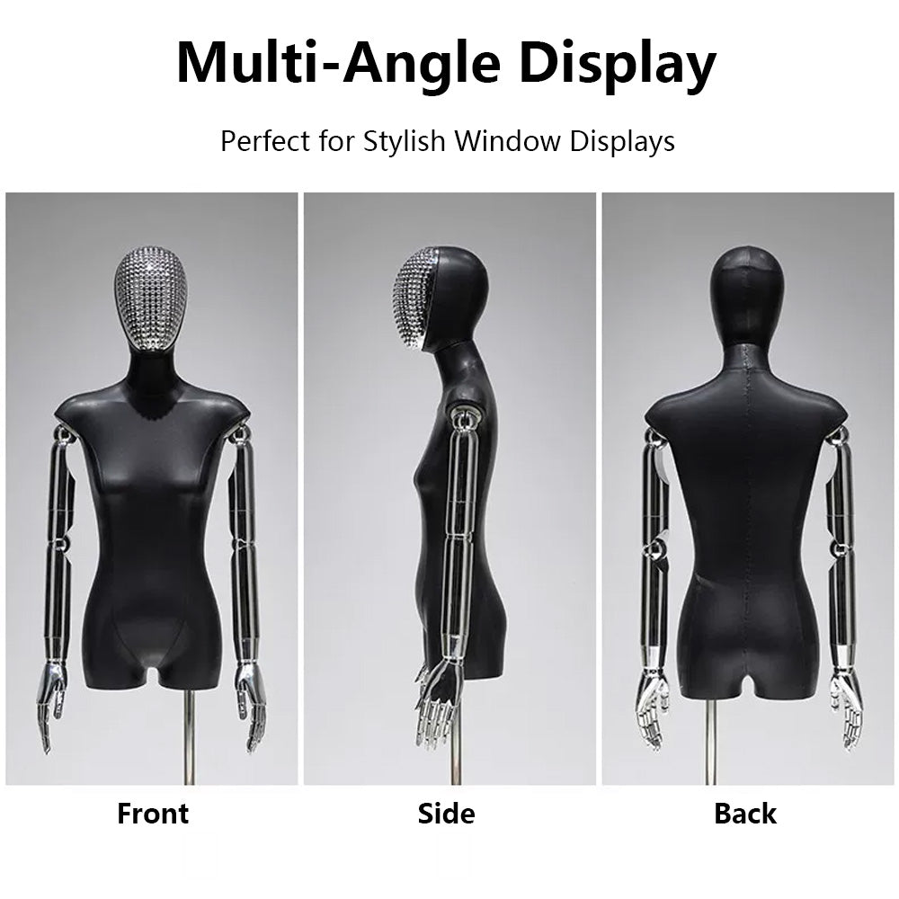 JELIMATE PU Leather Female Torso Mannequin with Poseable Arms for Boutique Window Display
