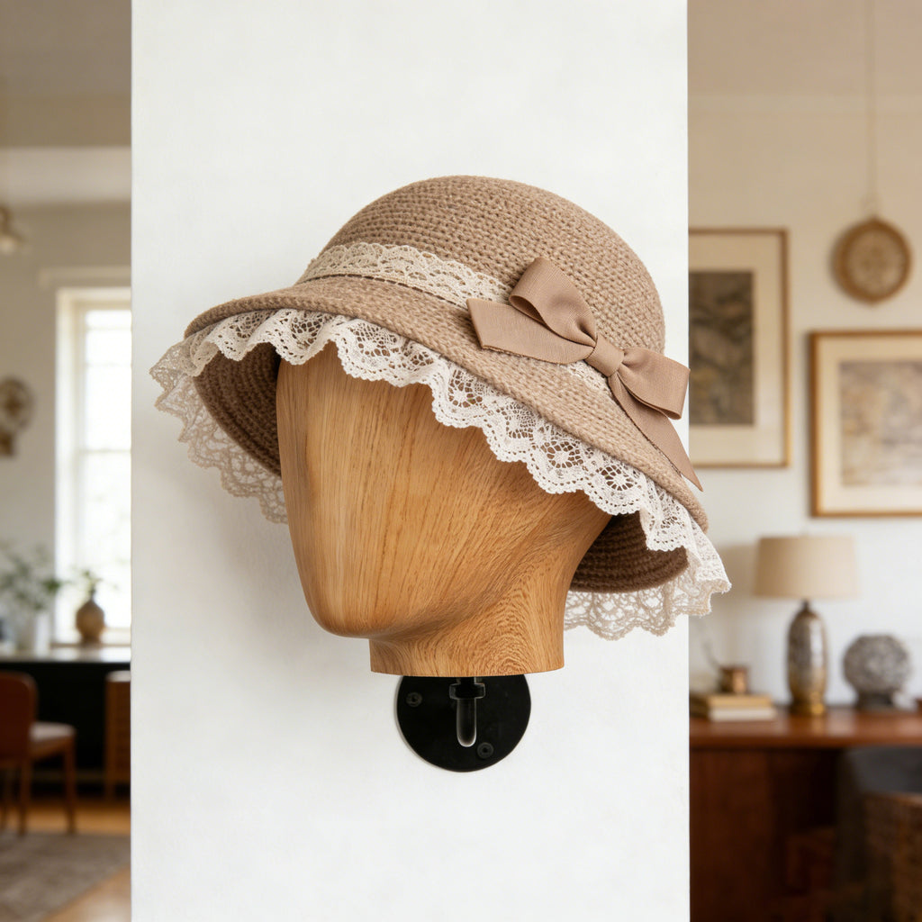 Wall Mounted Mannequin Head Display Stand - Wood Grain Hat Rack Holder with Adjustable Bracket