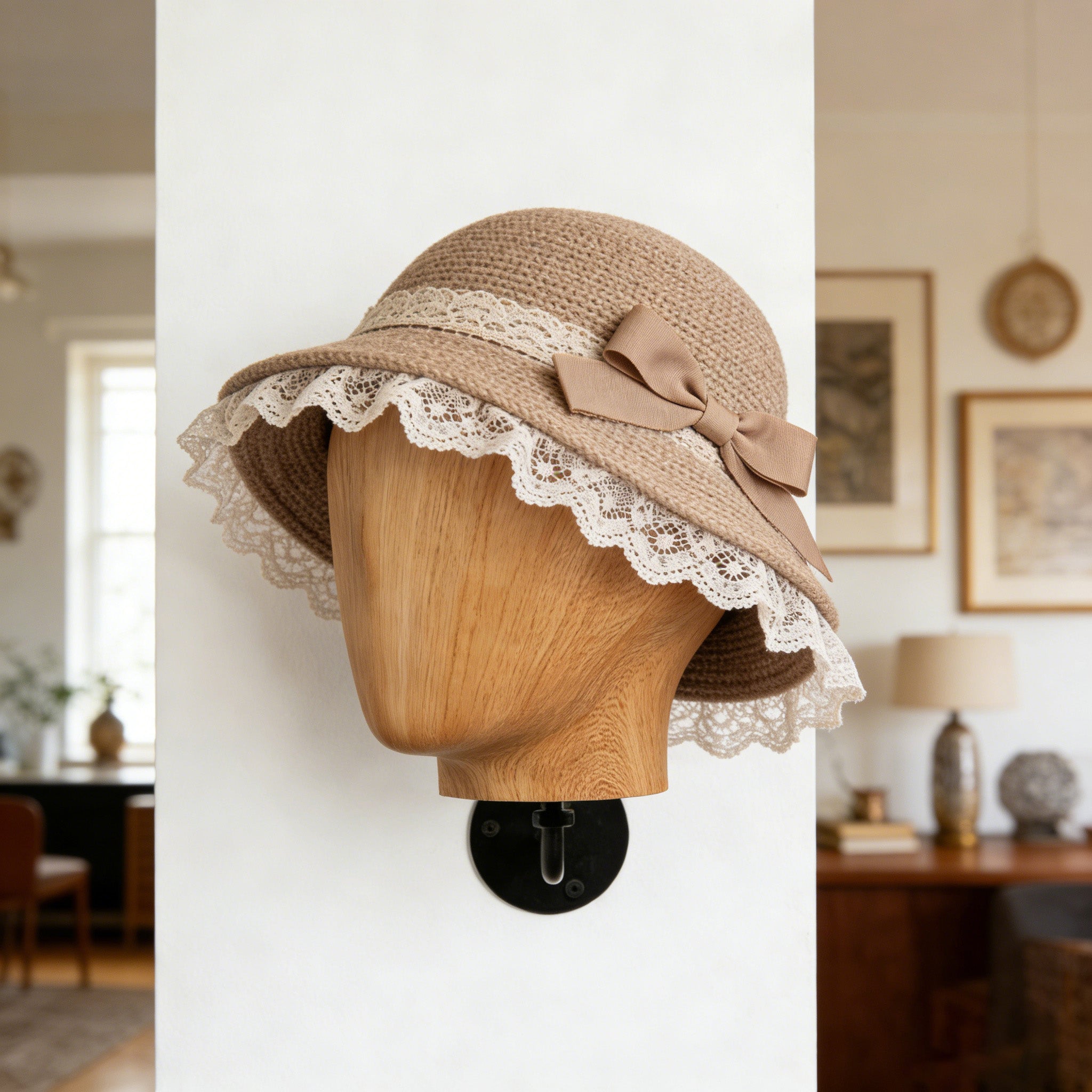 Wall Mounted Mannequin Head Display Stand - Wood Grain Hat Rack Holder with Adjustable Bracket