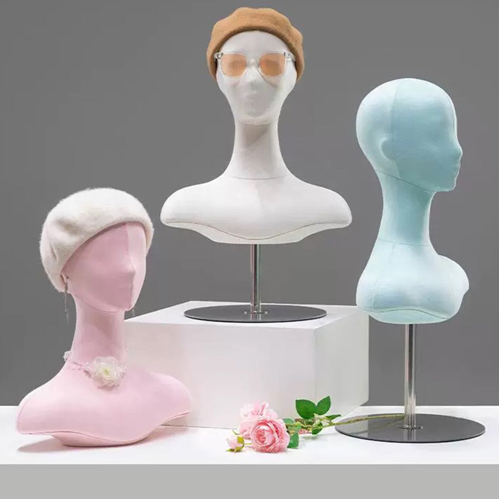Jelimate Female Mannequin Head With Shoulders,Colorful Suede Velvet Mannequin Head With Base,Jewelry Display Head Mannequin Wig Display Stand,Scarf Bag Veil Sunglasses Hat Display Head Model Props