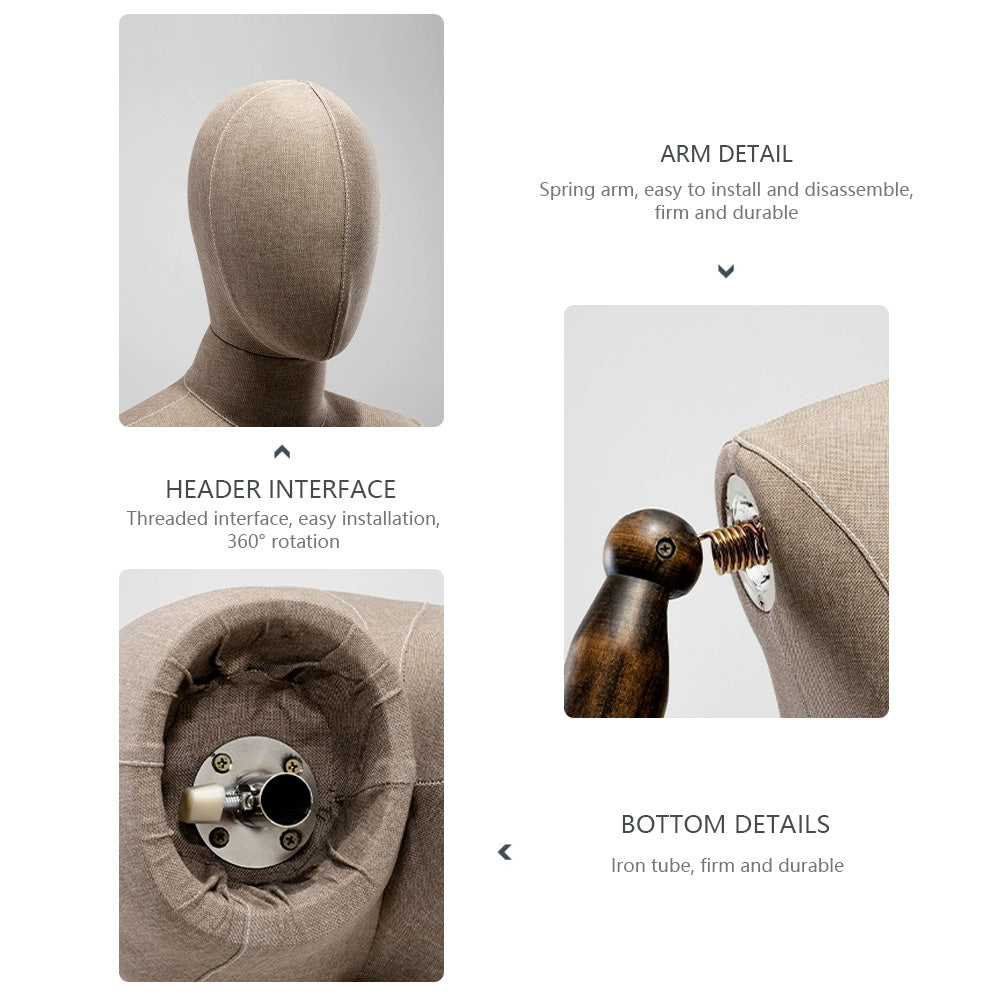 Jelimate Half Body Male Mannequin Torso with Wooden Arms & Head | Coffee Gray Black