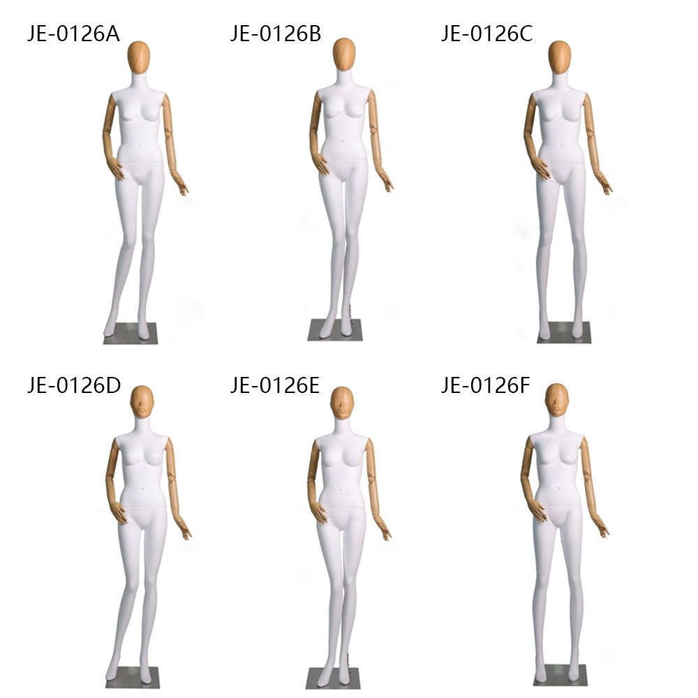 Maniquí de cuerpo completo para mujer de alta gama Jelimate, modelo de exhibición de ropa para tienda de ropa con cabeza de veta de madera, maniquí de mujer adulta con brazos de madera de plástico