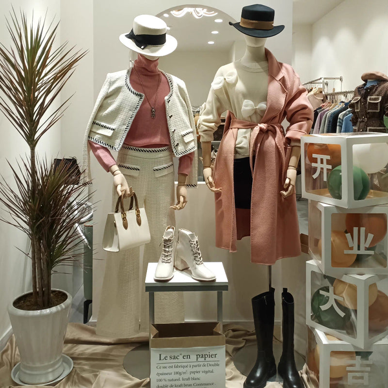 Fabric Mannequin Torso with Wooden Arms - Beige Bamboo Linen Female Display Form
