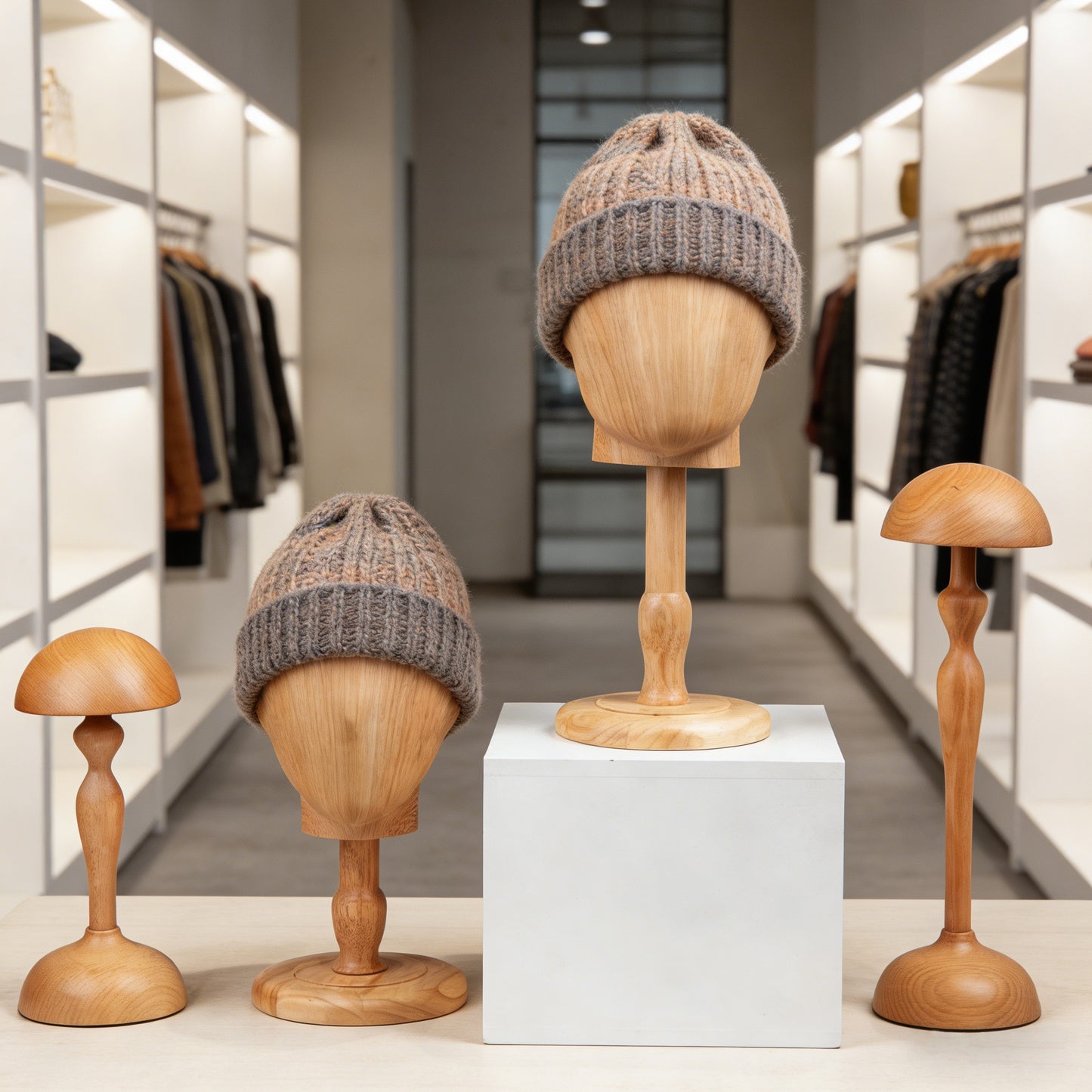 Wood Grain Mannequin Head Display Stand - Tabletop Hat Wig Holder for Retail Stores & Closet Organization