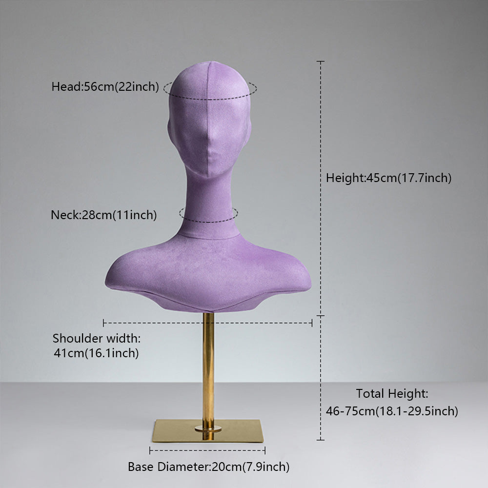 Velvet Mannequin Head with Shoulders & Gold Base for Wigs, Hats & Jewelry